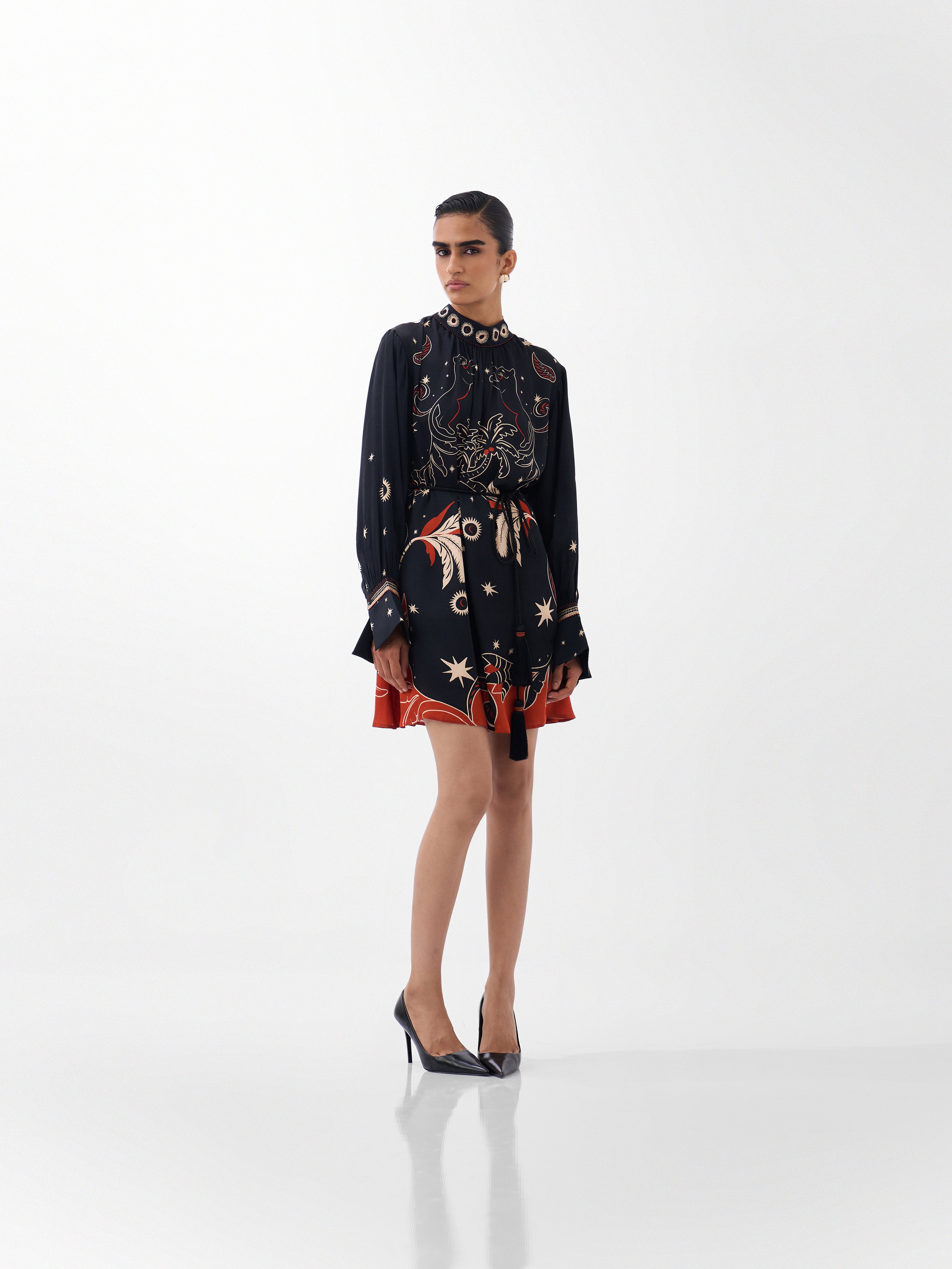Amber Mini Dress – Nocturnal Jungle Print, Beaded Detail | NOIB